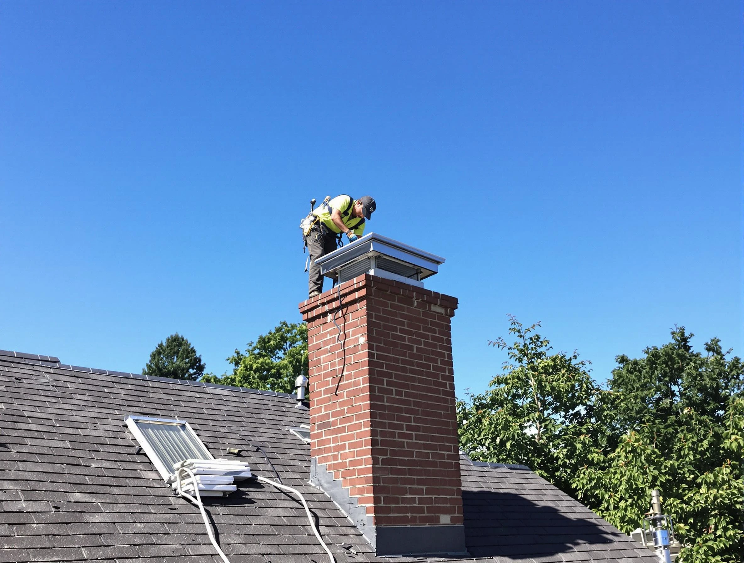Calera Chimney Sweep technician measuring a chimney cap in Calera, AL