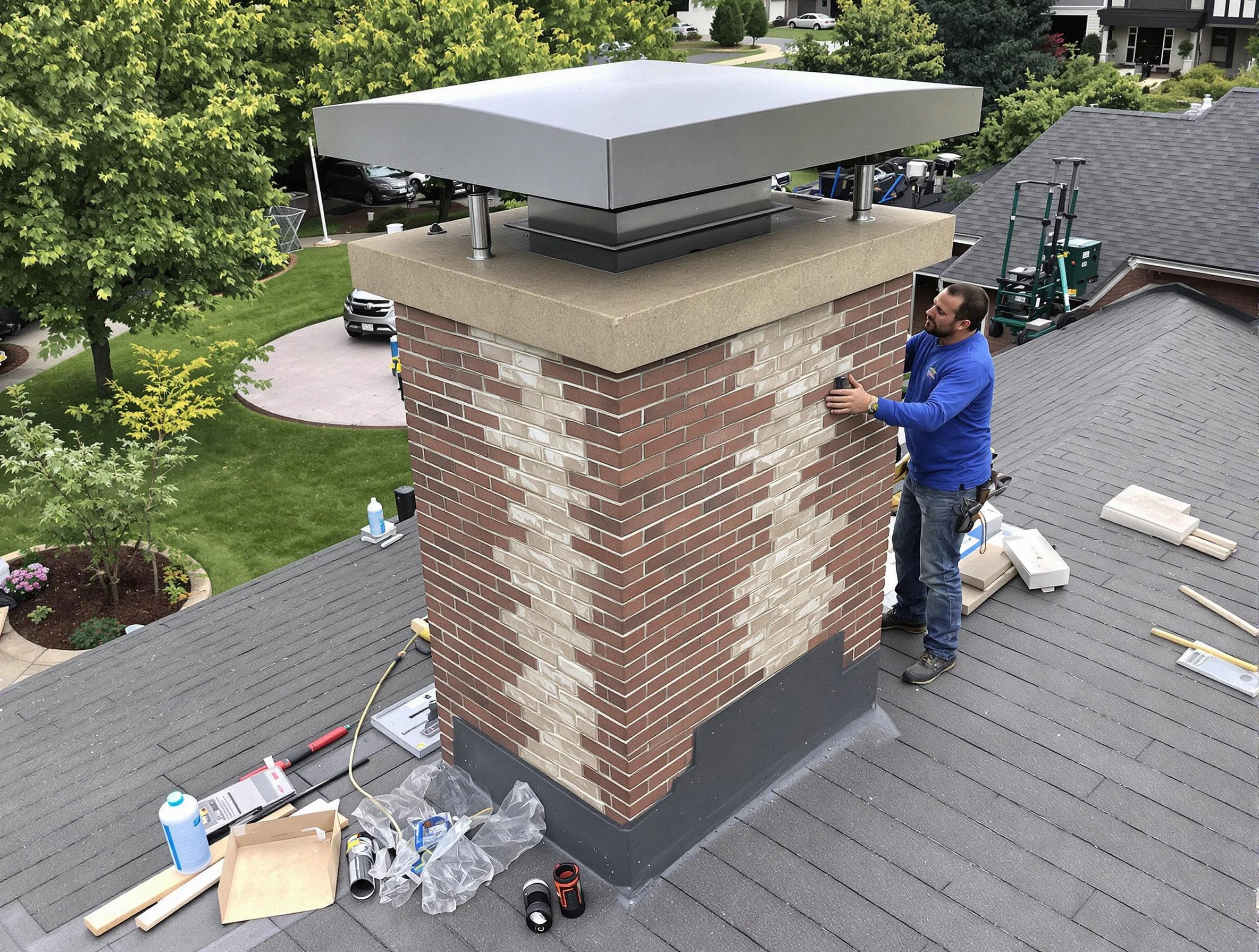 Calera Chimney Sweep team working on a custom chimney remodel in Calera, AL